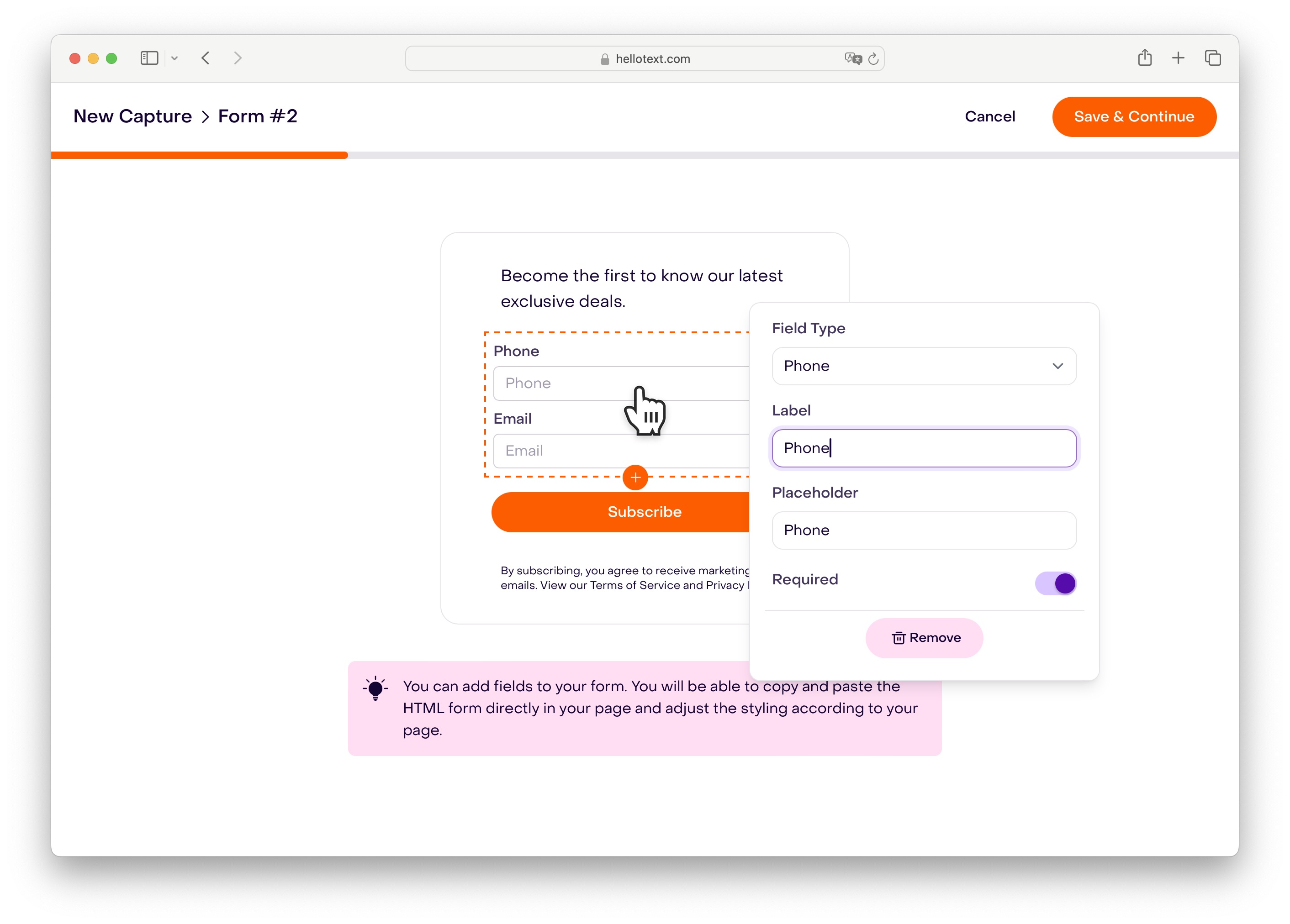 Website Form fields editor